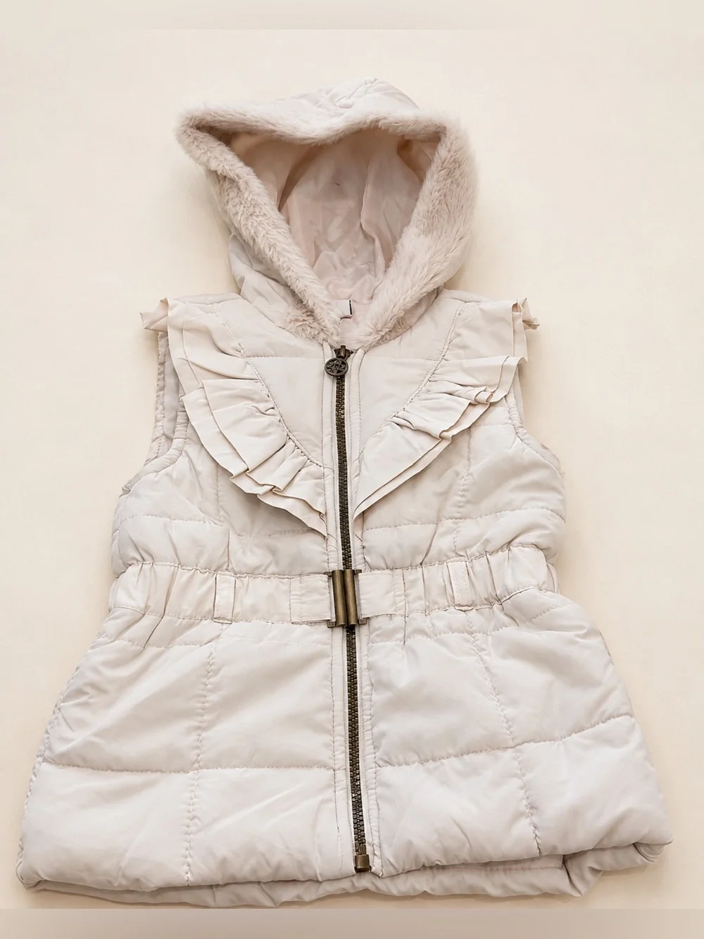 Nicole Miller New York Girls Ivory Ruffle Hooded Puffer Vest Size 5